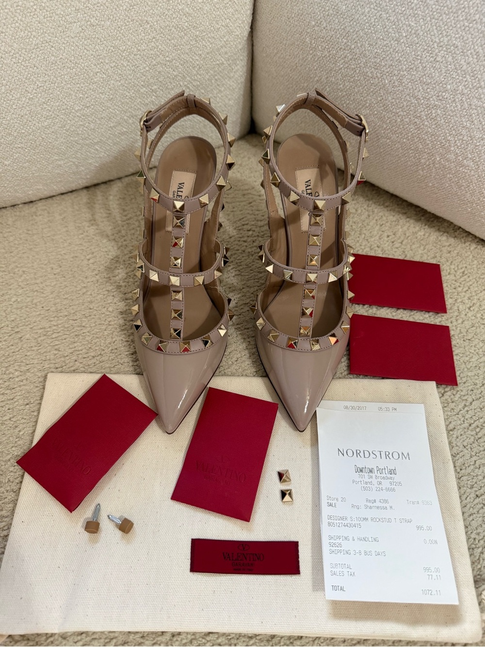 Valentino Garavani Nude Patent Leather Rockstud T-Strap Pumps